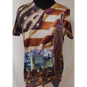 True Rock XL American Flag NYC City Scape Empire State Building V-Neck T-Shirt